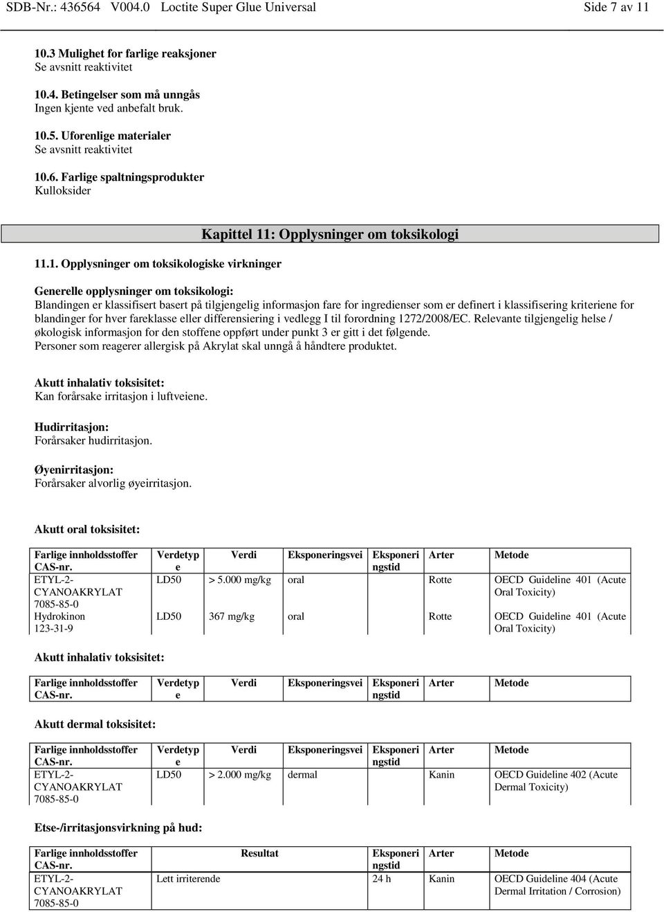 .1. Opplysninger om toksikologiske virkninger Kapittel 11: Opplysninger om toksikologi Generelle opplysninger om toksikologi: Blandingen er klassifisert basert på tilgjengelig informasjon fare for