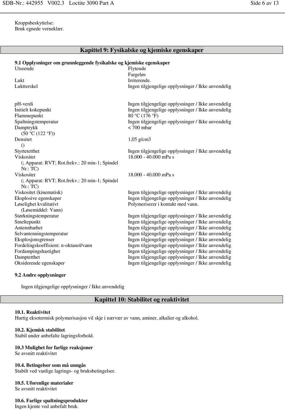 Luktterskel ph-verdi Initielt kokepunkt Flammepunkt Spaltningstemperatur Damptrykk (50 C (122 F)) Densitet () Styrtetetthet Viskositet (; Apparat: RVT; Rot.frekv.: 20 min-1; Spindel Nr.