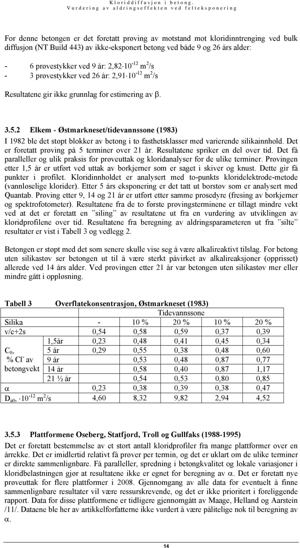 2 Elkem - Østmarkneset/tidevannssone (1983) I 1982 ble det støpt blokker av betong i to fasthetsklasser med varierende silikainnhold. Det er foretatt prøving på 5 terminer over 21 år.