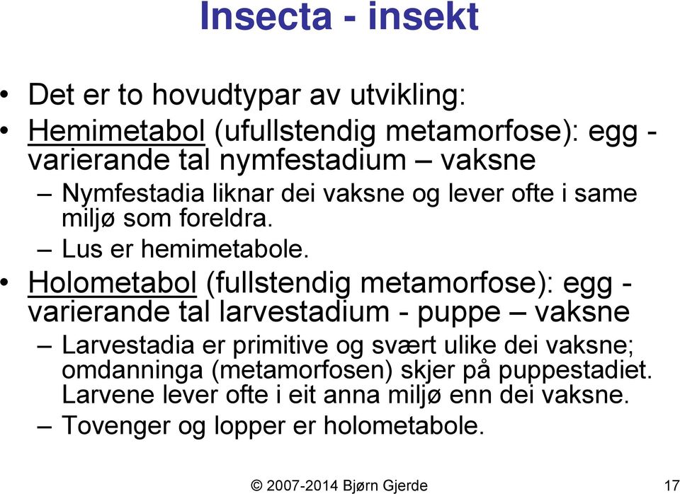 Holometabol (fullstendig metamorfose): egg - varierande tal larvestadium - puppe vaksne Larvestadia er primitive og svært ulike dei