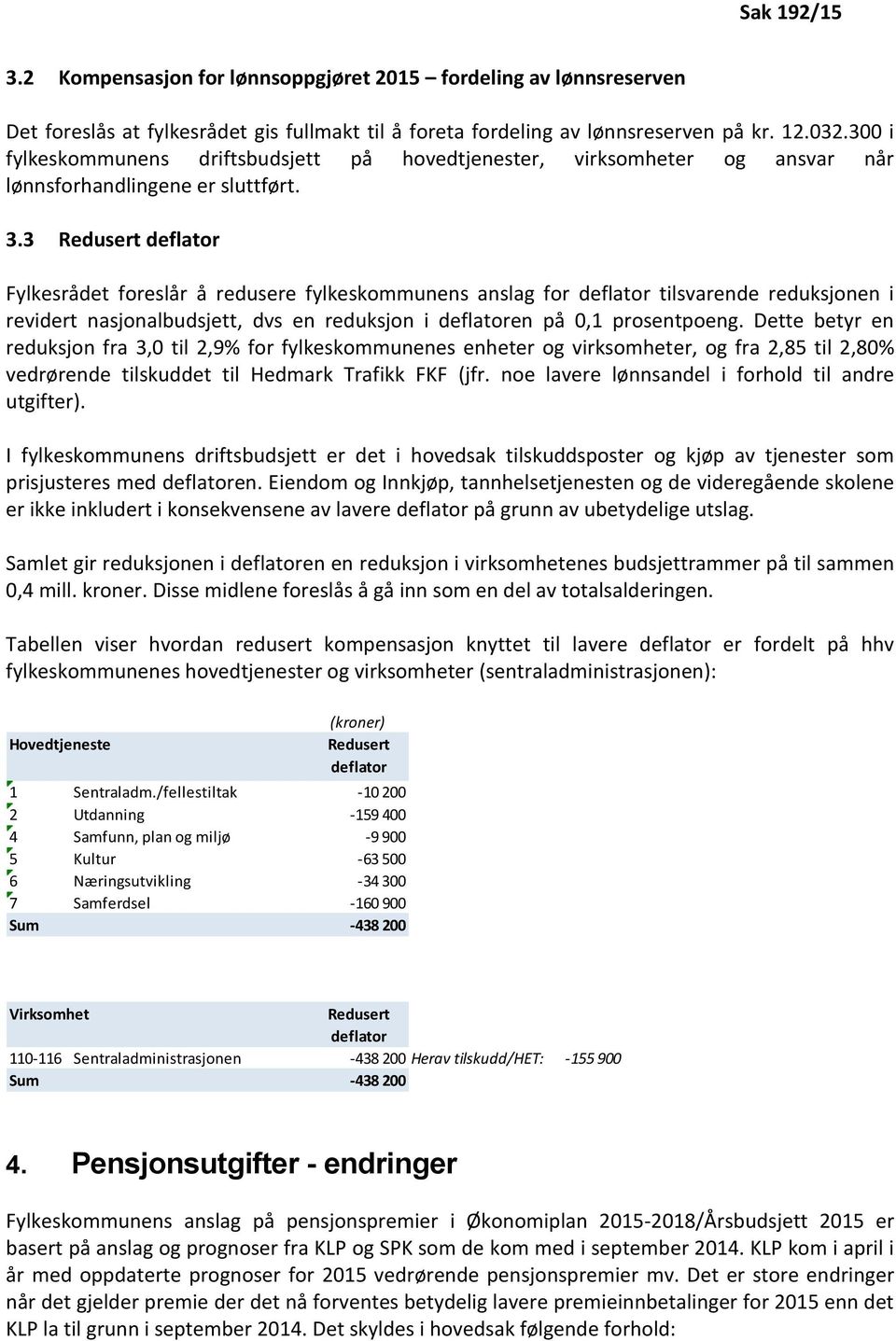 3 Redusert deflator Fylkesrådet foreslår å redusere fylkeskommunens anslag for deflator tilsvarende reduksjonen i revidert nasjonalbudsjett, dvs en reduksjon i deflatoren på 0,1 prosentpoeng.