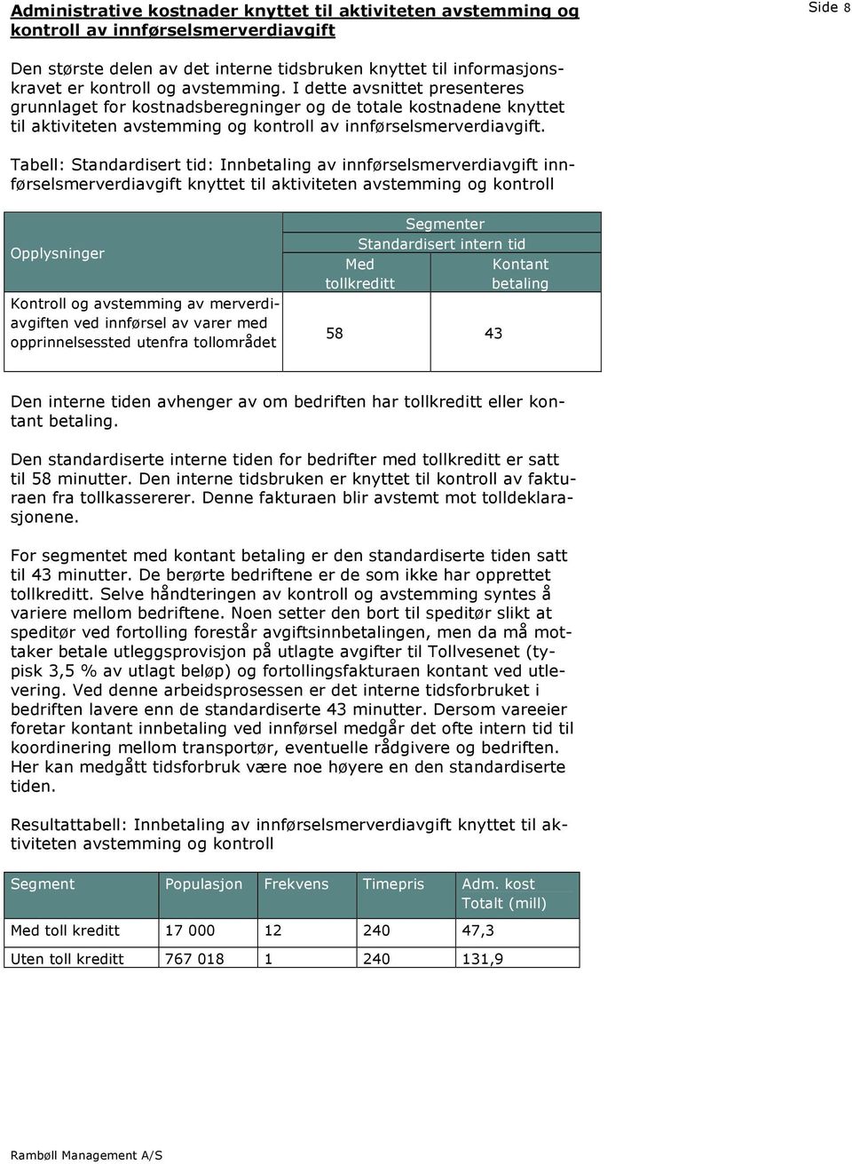 Tabell: Standardisert tid: Innbetaling av innførselsmerverdiavgift innførselsmerverdiavgift knyttet til aktiviteten avstemming og kontroll Opplysninger Kontroll og avstemming av merverdiavgiften ved