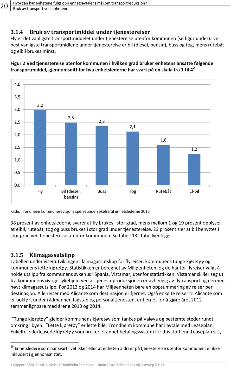 De nest vanligste transportmidlene under tjenestereise er bil (diesel, bensin), buss og tog, mens rutebåt og elbil brukes minst.