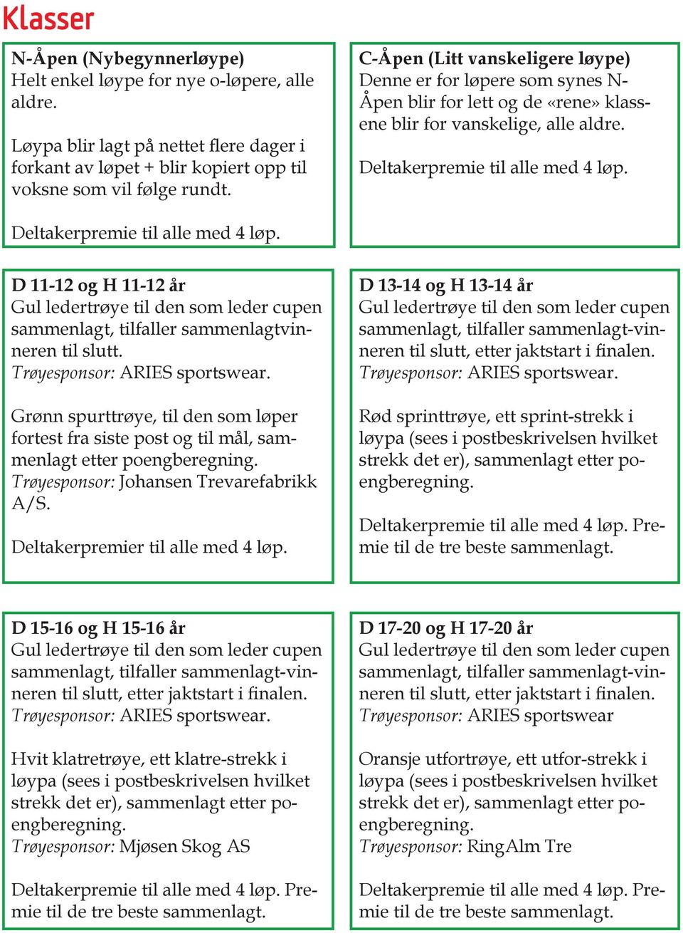 Deltakerpremie til alle med 4 løp. D 11-12 og H 11-12 år sammenlagt, tilfaller sammenlagtvinneren til slutt. Trøyesponsor: ARIES sportswear.