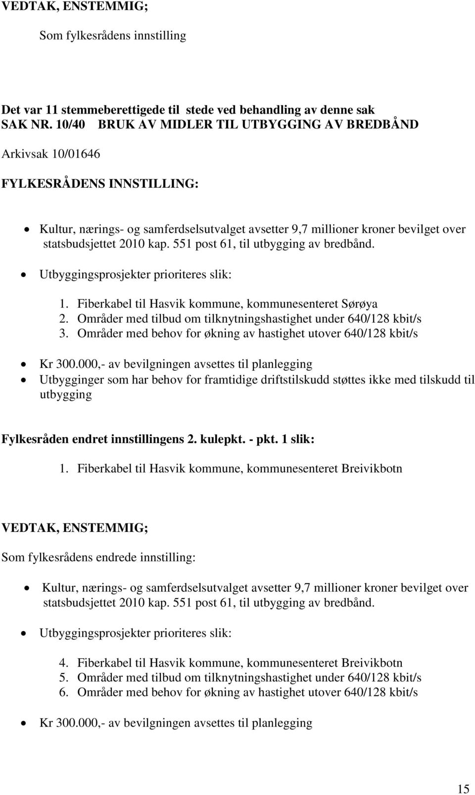 551 post 61, til utbygging av bredbånd. Utbyggingsprosjekter prioriteres slik: 1. Fiberkabel til Hasvik kommune, kommunesenteret Sørøya 2.