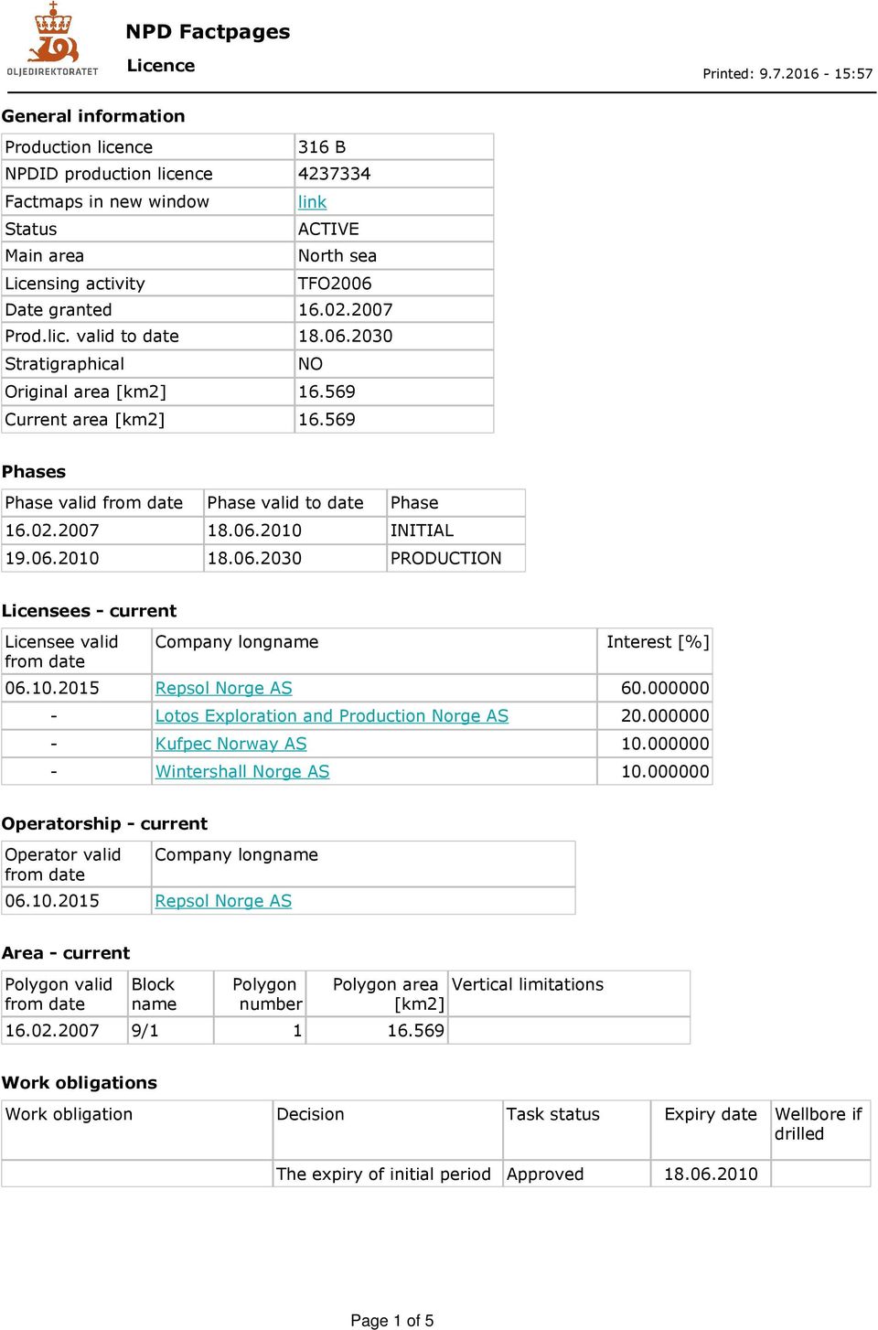 10.2015 Repsol - - Kufpec Norway - Wintershall Operatorship - current Operator valid from Company longname 06.10.2015 Repsol Area - current from Block name number 16.02.2007 9/1 1 16.