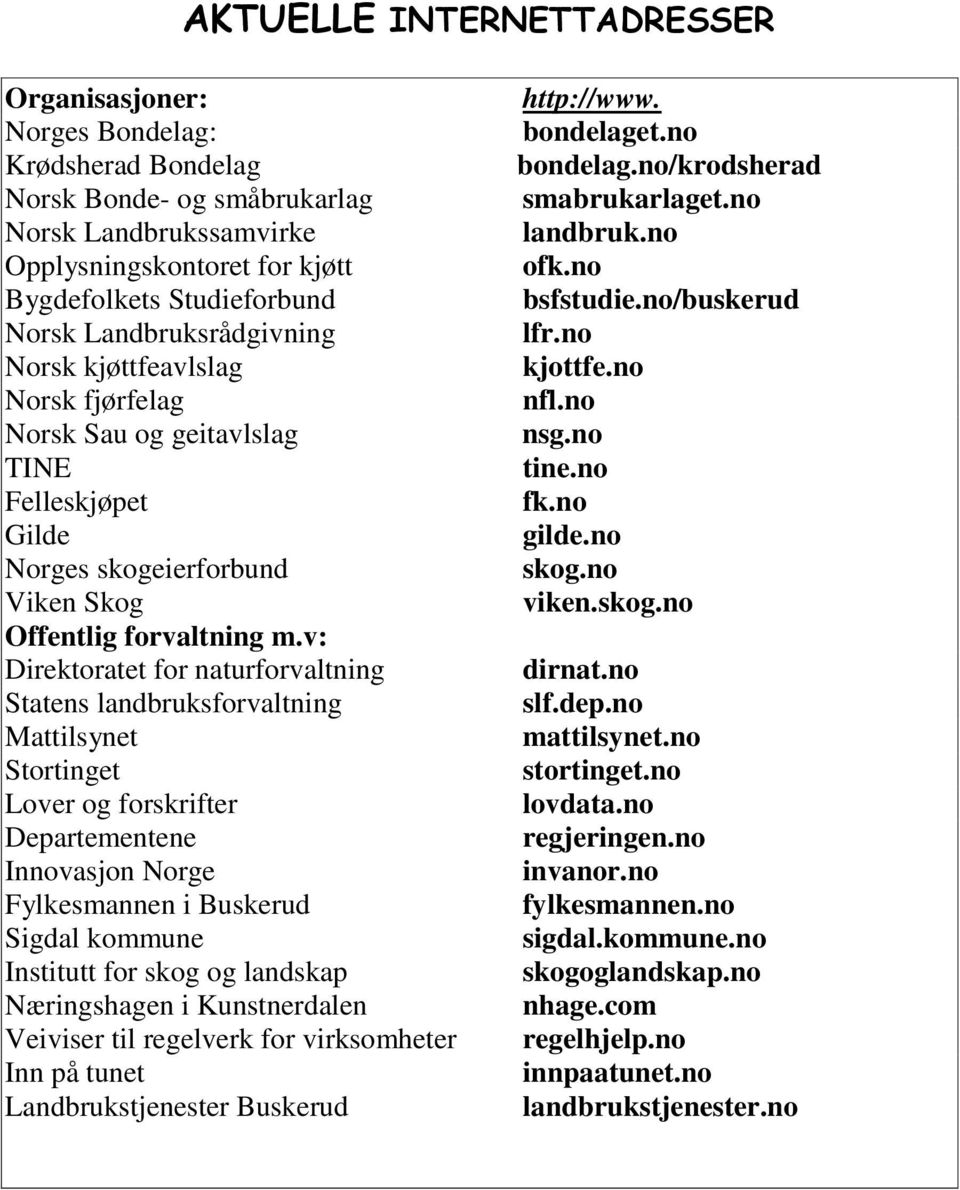 v: Direktoratet for naturforvaltning Statens landbruksforvaltning Mattilsynet Stortinget Lover og forskrifter Departementene Innovasjon Norge Fylkesmannen i Buskerud Sigdal kommune Institutt for skog