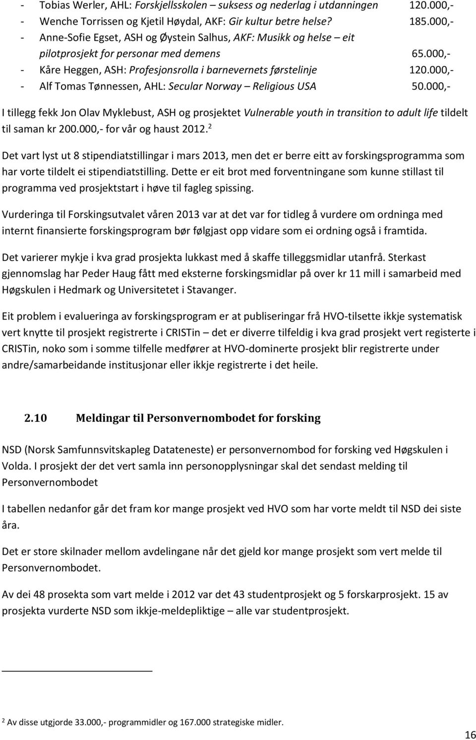 000,- - Alf Tomas Tønnessen, AHL: Secular Norway Religious USA 50.000,- I tillegg fekk Jon Olav Myklebust, ASH og prosjektet Vulnerable youth in transition to adult life tildelt til saman kr 200.