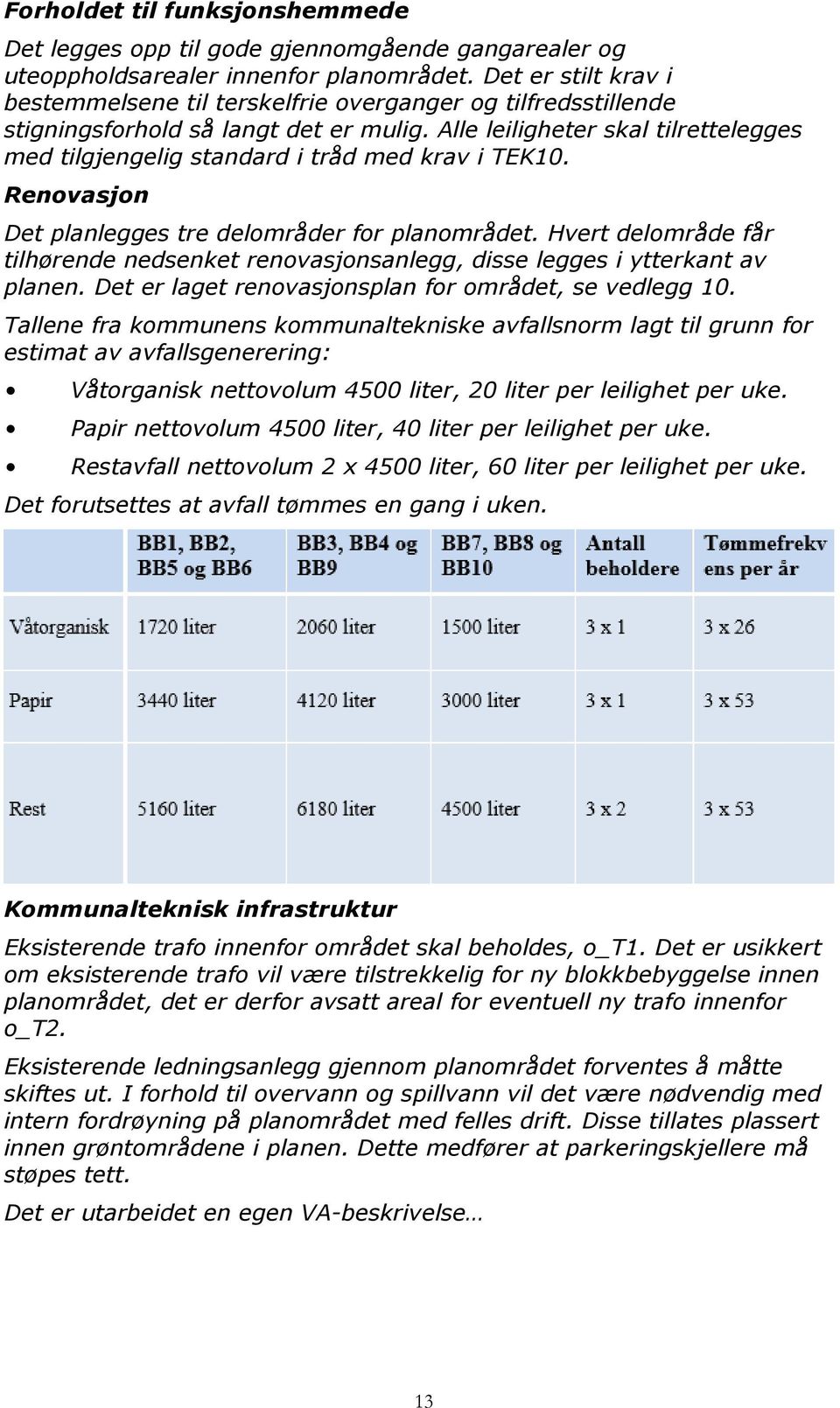 Alle leiligheter skal tilrettelegges med tilgjengelig standard i tråd med krav i TEK10. Renovasjon Det planlegges tre delområder for planområdet.