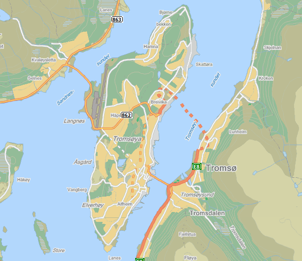 3 2 Planområdet Nordøya sjøfront befinner seg på østsiden av Tromsøya langs Stakkevollvegen, like sør for Breivika (området er markert med rød sirkel på Figur 1) Figur 1: Planområdets beliggenhet på