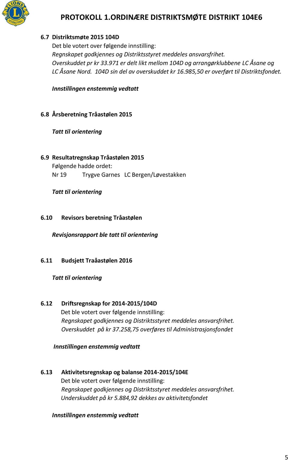 9 Resultatregnskap Tråastølen 2015 Følgende hadde ordet: Nr 19 Trygve Garnes LC Bergen/Løvestakken Tatt til orientering 6.