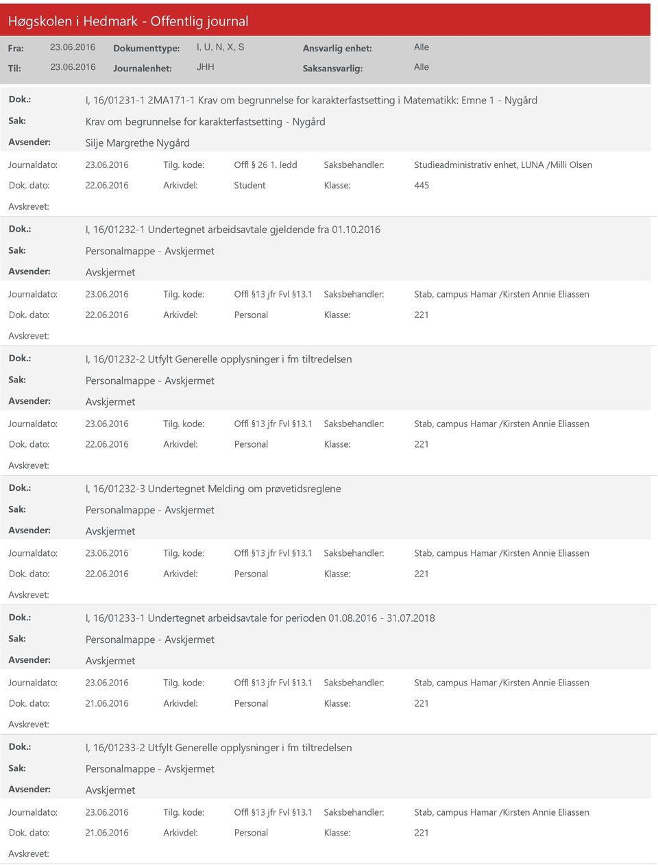 dato: 22.06.2016 Arkivdel: Personal I, 16/01232-2 tfylt Generelle opplysninger i fm tiltredelsen Dok. dato: 22.06.2016 Arkivdel: Personal I, 16/01232-3 ndertegnet Melding om prøvetidsreglene Dok.