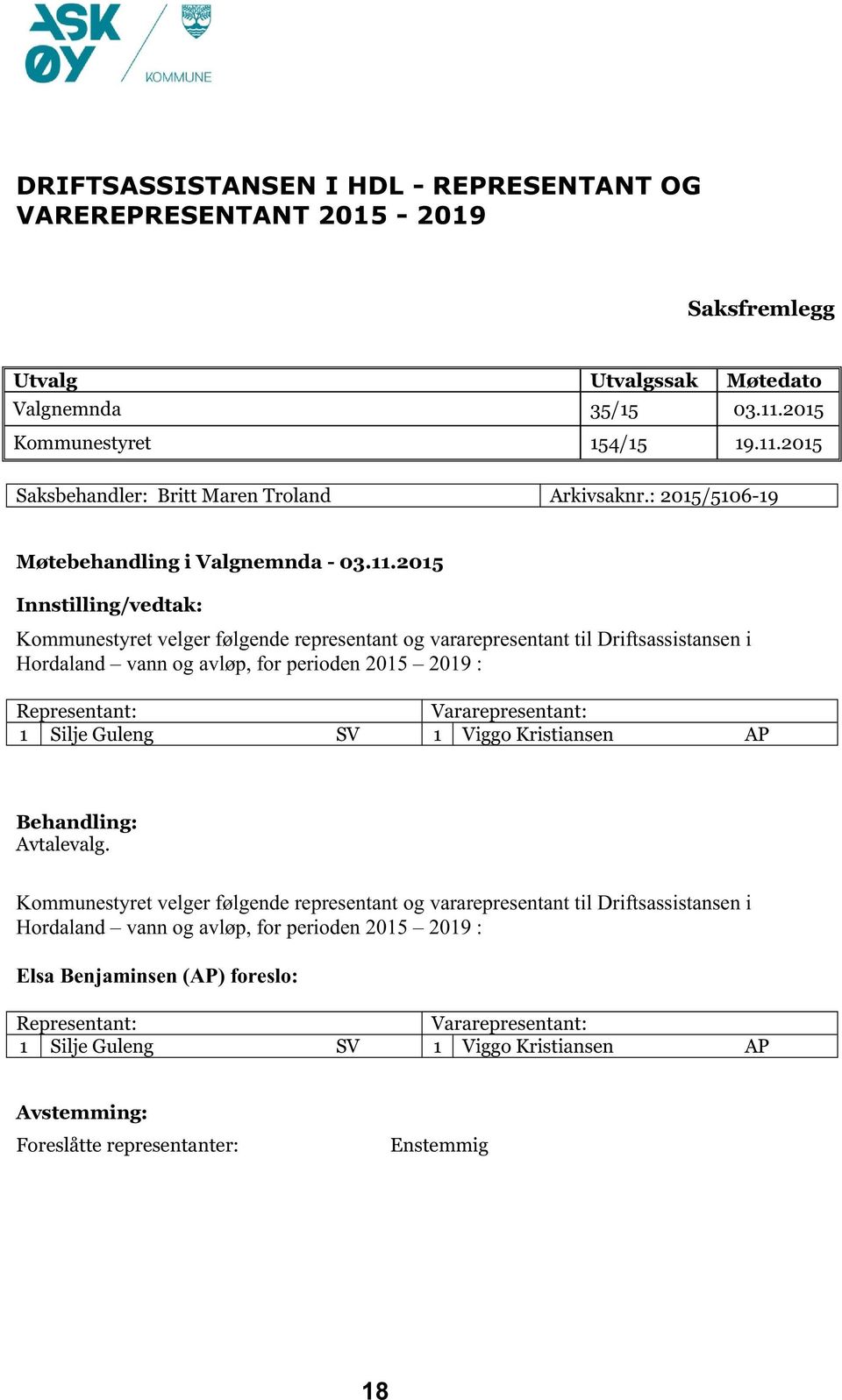 2015 Innstilling/vedtak: Kommunestyret velger følgende representant og vararepresentant til Driftsassistansen i Hordaland vann og avløp, for perioden 2015 2019 : Representant: Vararepresentant: 1