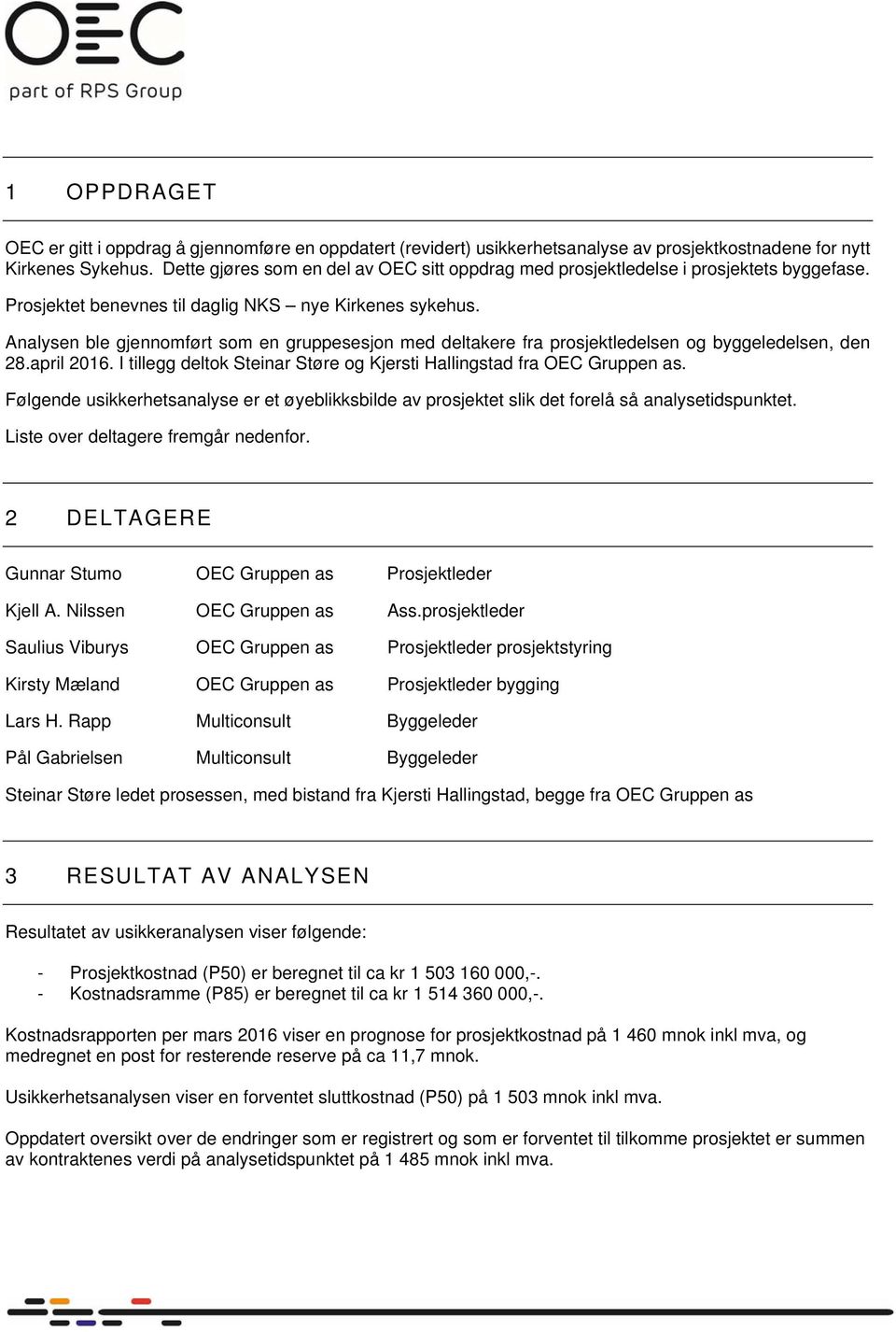 Analysen ble gjennomført som en gruppesesjon med deltakere fra prosjektledelsen og byggeledelsen, den 28.april 2016. I tillegg deltok Steinar Støre og Kjersti Hallingstad fra OEC Gruppen as.