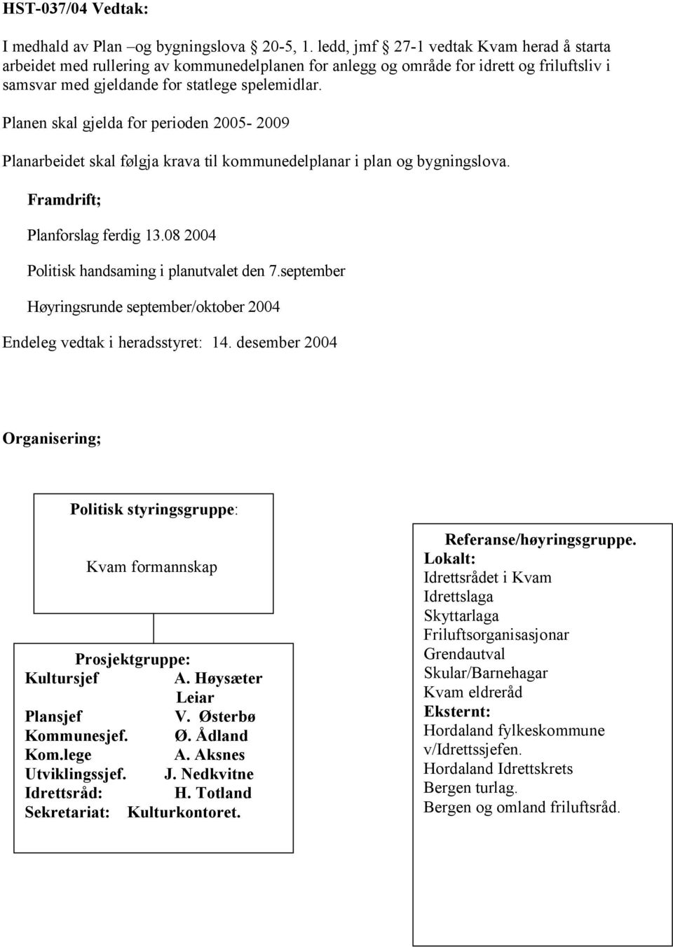 Planen skal gjelda for perioden 2005-2009 Planarbeidet skal følgja krava til kommunedelplanar i plan og bygningslova. Framdrift; Planforslag ferdig 13.08 2004 Politisk handsaming i planutvalet den 7.