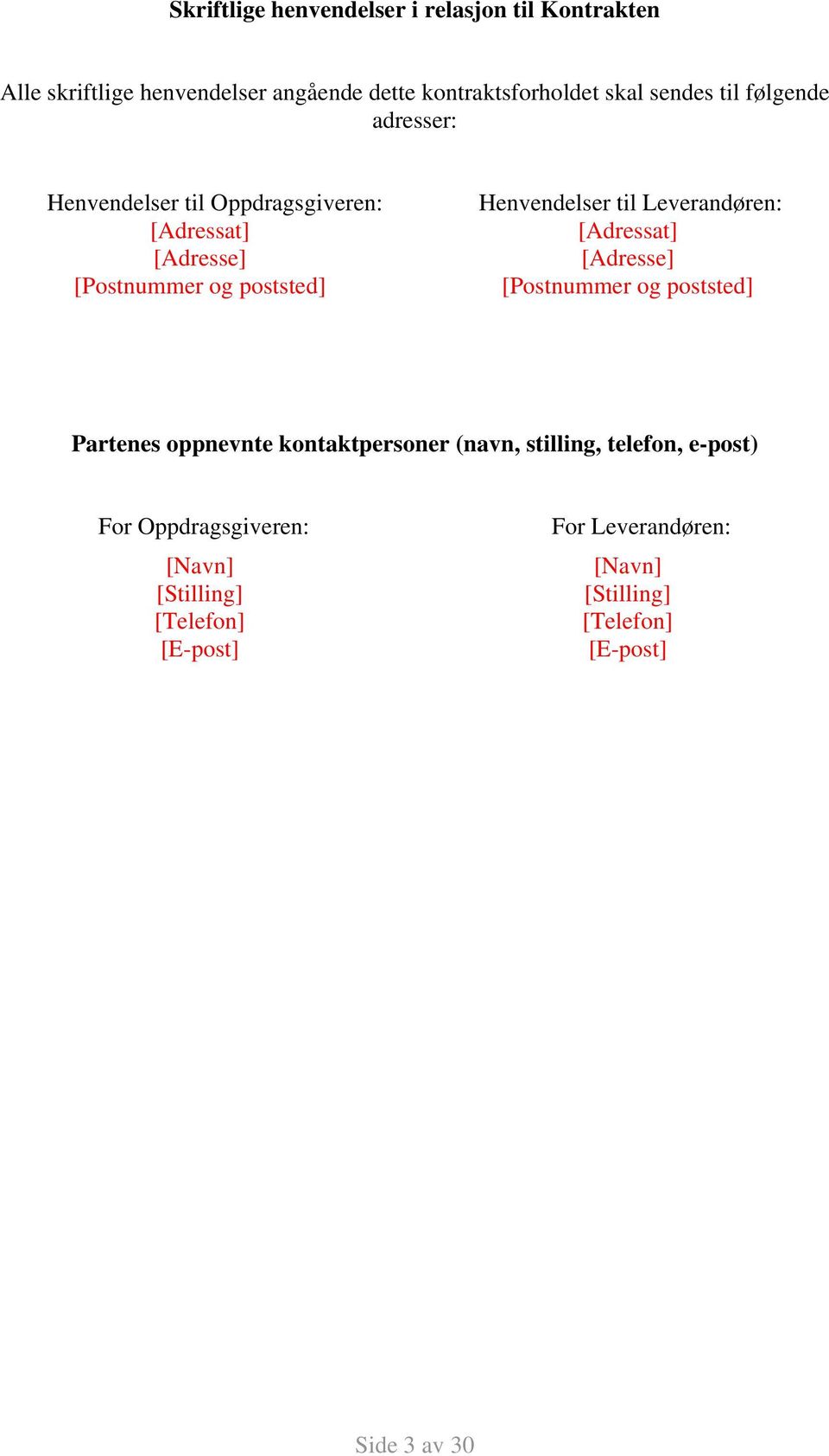 Leverandøren: [Adressat] [Adresse] [Postnummer og poststed] Partenes oppnevnte kontaktpersoner (navn, stilling, telefon,