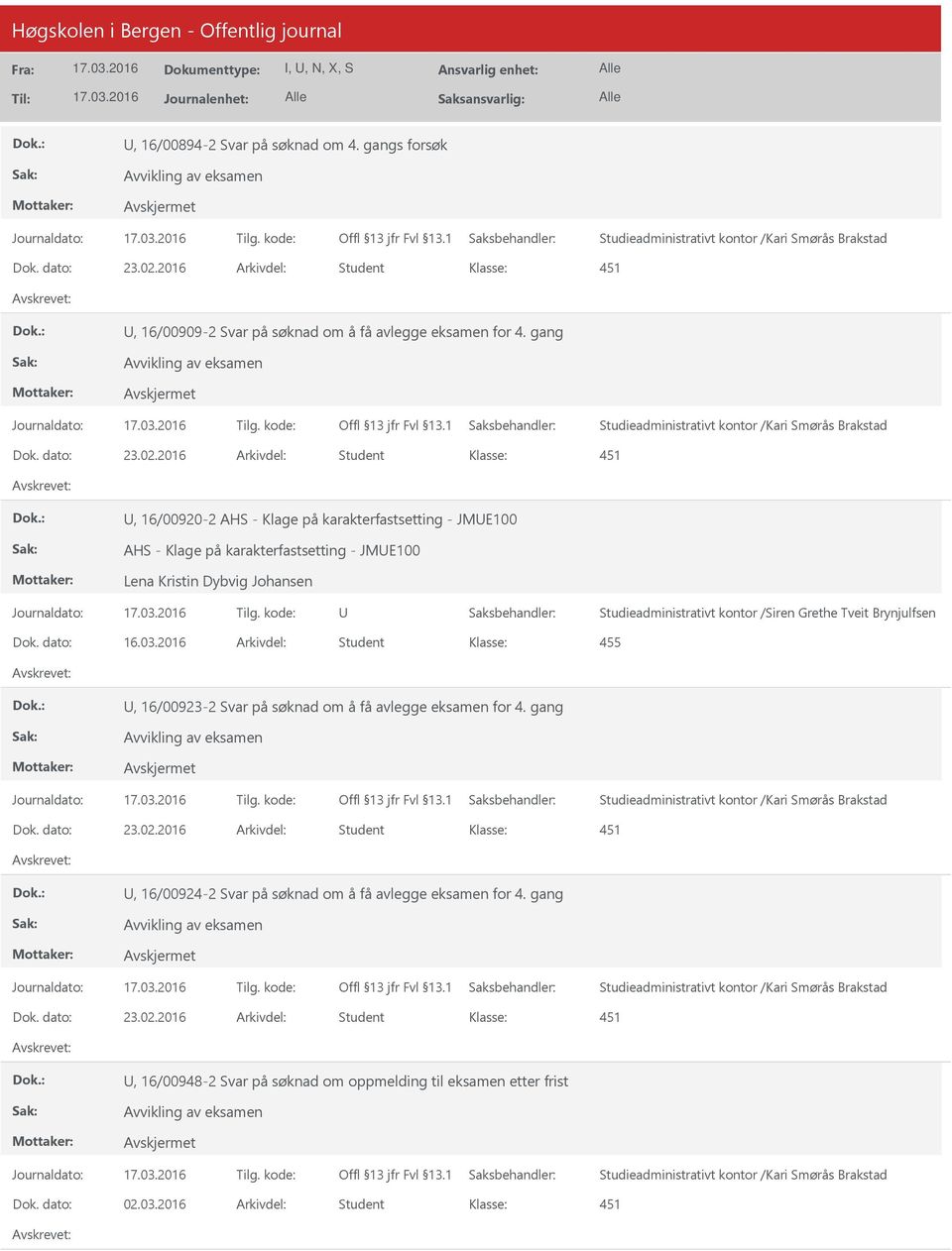 2016 Arkivdel: Student, 16/00920-2 AHS - Klage på karakterfastsetting - JME100 AHS - Klage på karakterfastsetting - JME100 Lena Kristin Dybvig Johansen Studieadministrativt kontor /Siren Grethe Tveit