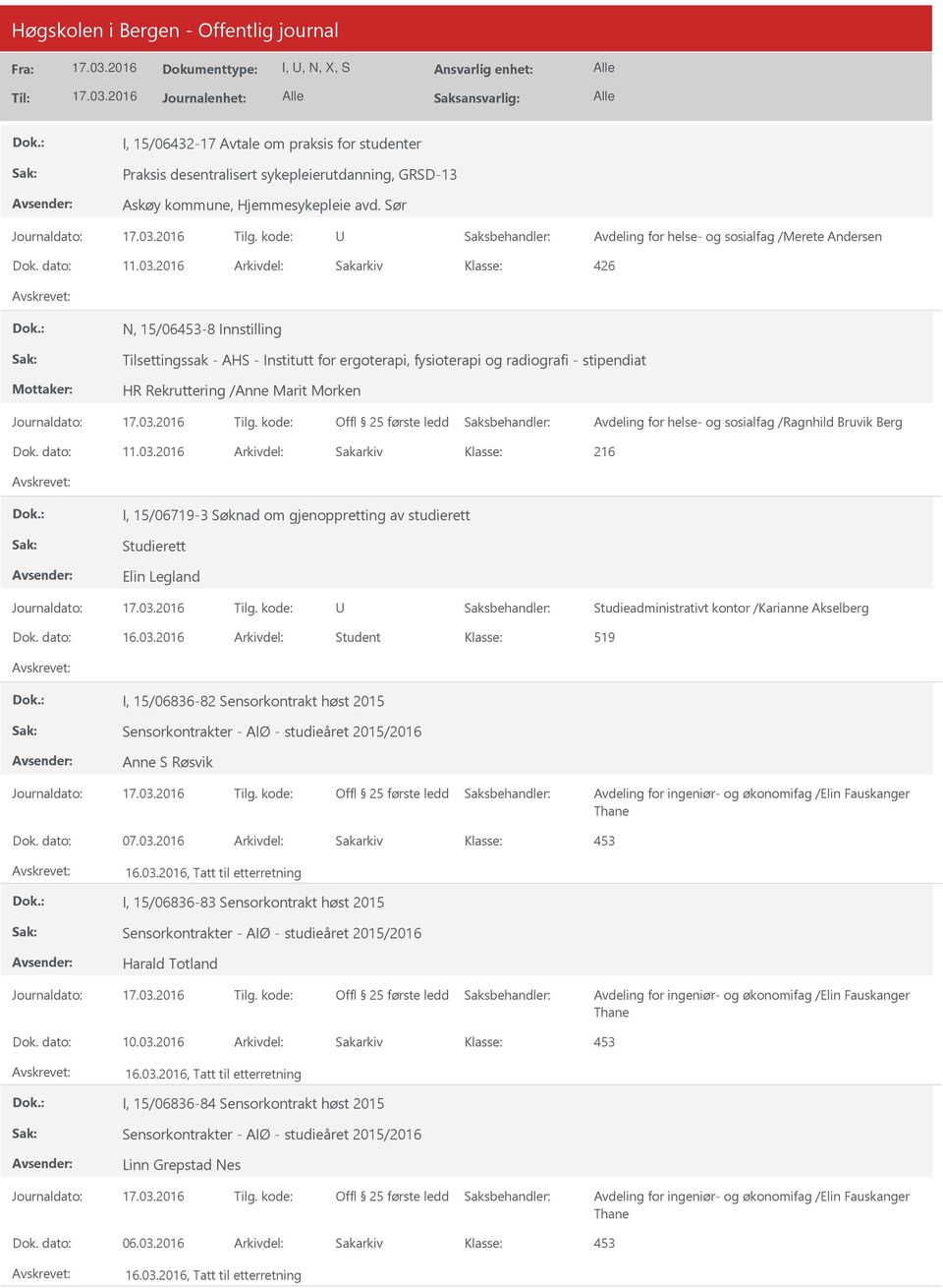 2016 Arkivdel: Sakarkiv 426 N, 15/06453-8 Innstilling Tilsettingssak - AHS - Institutt for ergoterapi, fysioterapi og radiografi - stipendiat HR Rekruttering /Anne Marit Morken Avdeling for helse- og