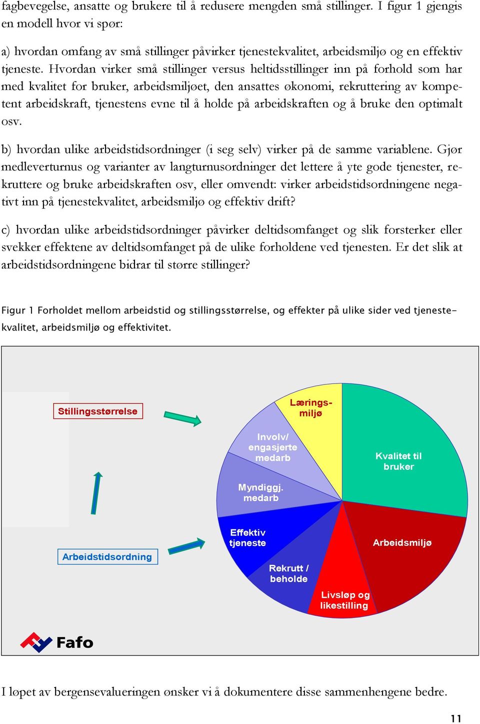 Hvordan virker små stillinger versus heltidsstillinger inn på forhold som har med kvalitet for bruker, arbeidsmiljøet, den ansattes økonomi, rekruttering av kompetent arbeidskraft, tjenestens evne