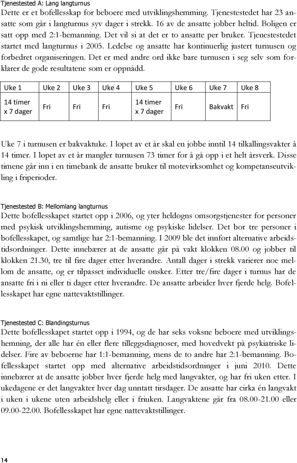 Ledelse og ansatte har kontinuerlig justert turnusen og forbedret organiseringen. Det er med andre ord ikke bare turnusen i seg selv som forklarer de gode resultatene som er oppnådd.