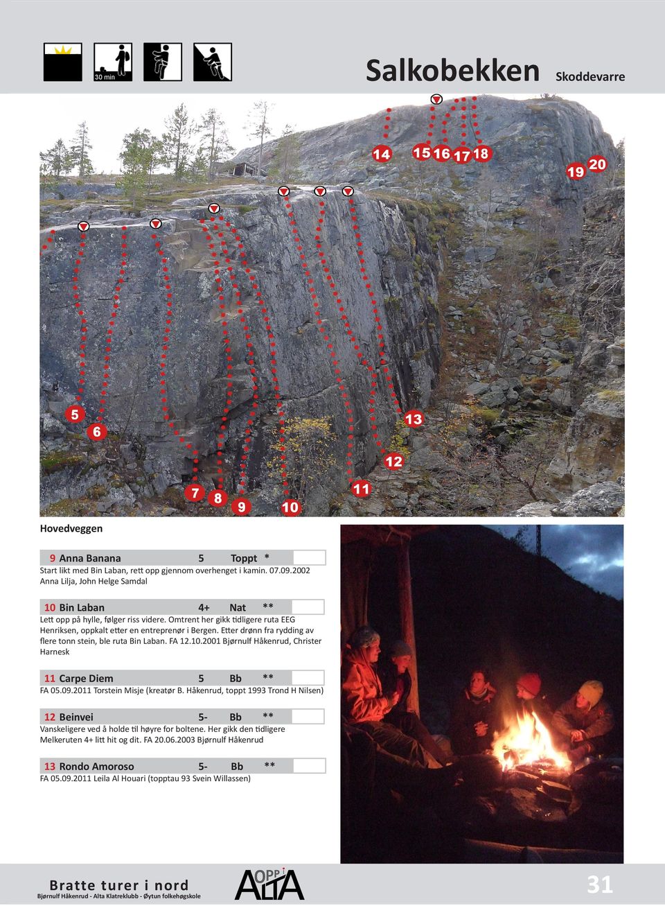 Etter drønn fra rydding av flere tonn stein, ble ruta Bin Laban. FA 12.10.2001 Bjørnulf Håkenrud, Christer Harnesk 11 Carpe Diem FA 0.09.2011 Torstein Misje (kreatør B.