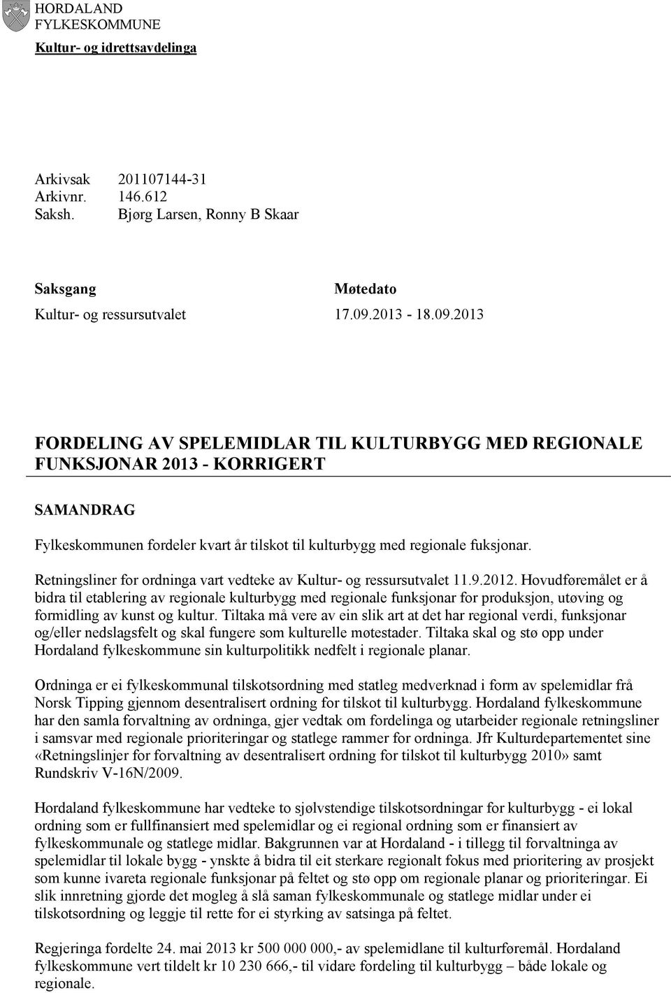 Retningsliner for ordninga vart vedteke av Kultur- og ressursutvalet 11.9.2012.