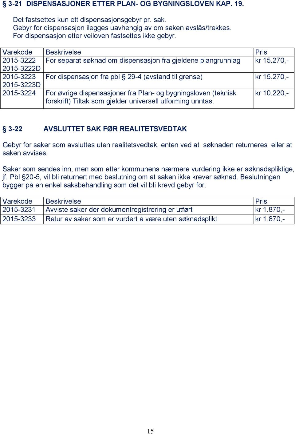 270,- 2015-3222D 2015-3223 For dispensasjon fra pbl 29-4 (avstand til grense) kr 15.
