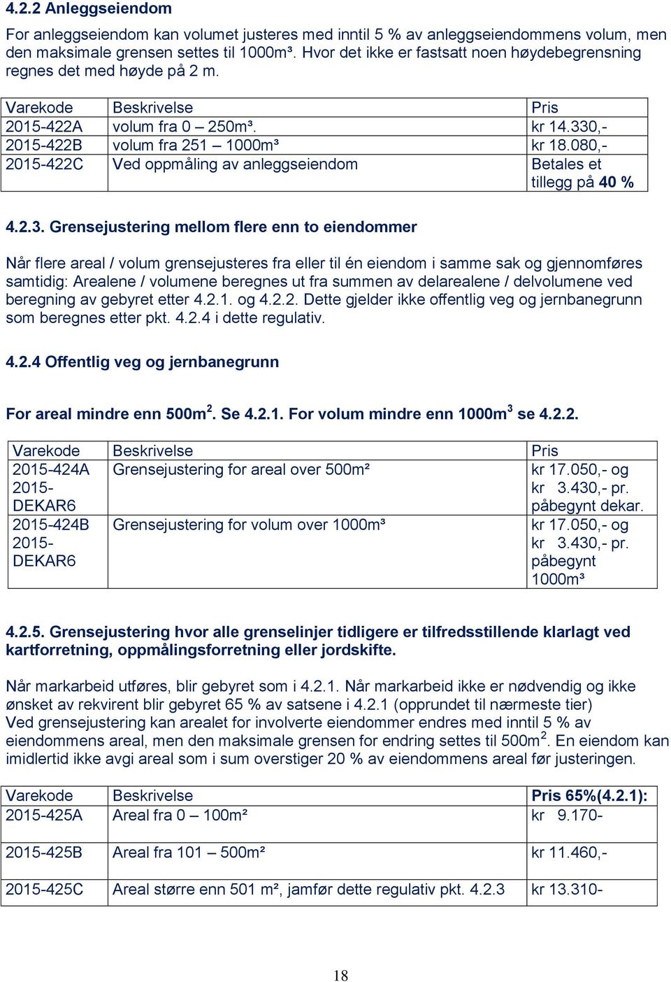 080,- 2015-422C Ved oppmåling av anleggseiendom Betales et tillegg på 40 % 4.2.3.