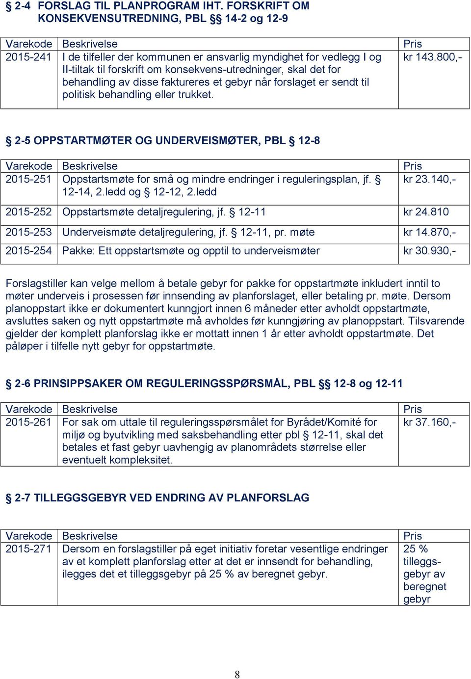 behandling av disse faktureres et gebyr når forslaget er sendt til politisk behandling eller trukket. kr 143.