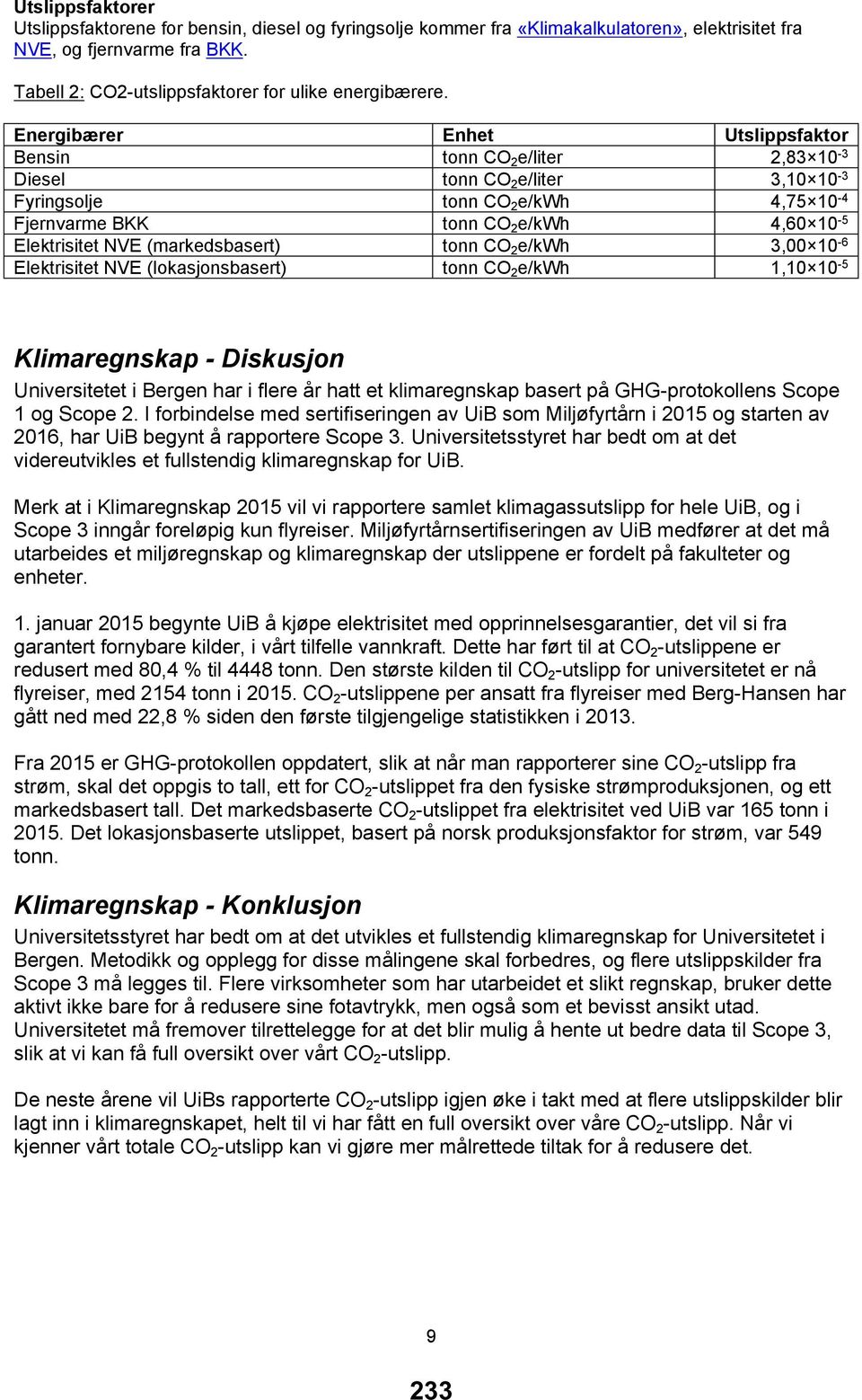 (markedsbasert) tonn CO 2 e/kwh 3,00 10-6 Elektrisitet NVE (lokasjonsbasert) tonn CO 2 e/kwh 1,10 10-5 Klimaregnskap - Diskusjon Universitetet i Bergen har i flere år hatt et klimaregnskap basert på