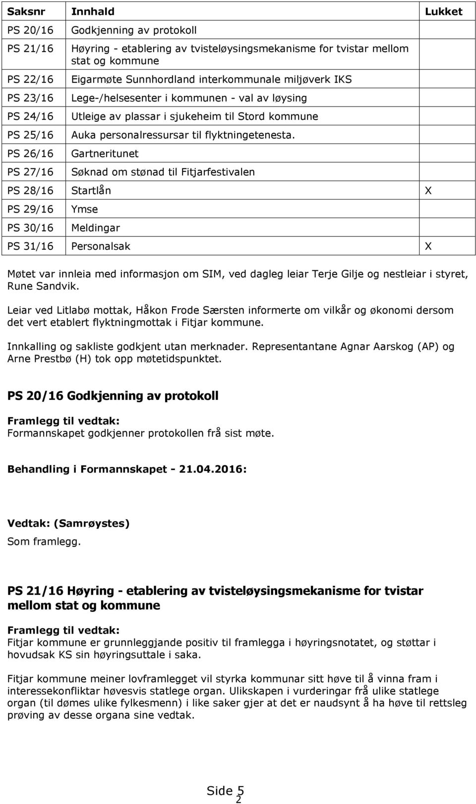 Gartneritunet Søknad om stønad til Fitjarfestivalen PS 28/16 Startlån X PS 29/16 PS 30/16 Ymse Meldingar PS 31/16 Personalsak X Møtet var innleia med informasjon om SIM, ved dagleg leiar Terje Gilje