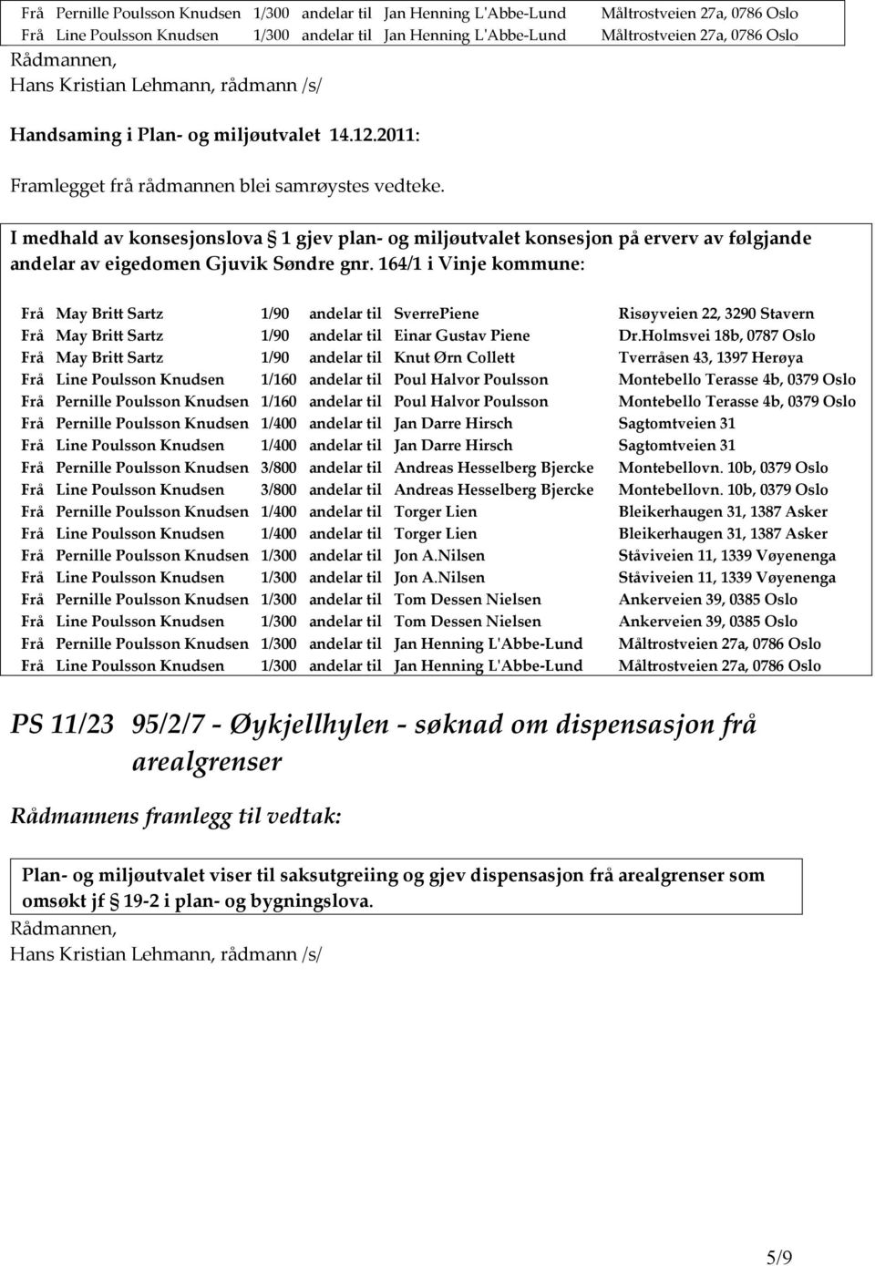 164/1 i Vinje kommune: Frå May Britt Sartz 1/90 andelar til SverrePiene Risøyveien 22, 3290 Stavern Frå May Britt Sartz 1/90 andelar til Einar Gustav Piene Dr.