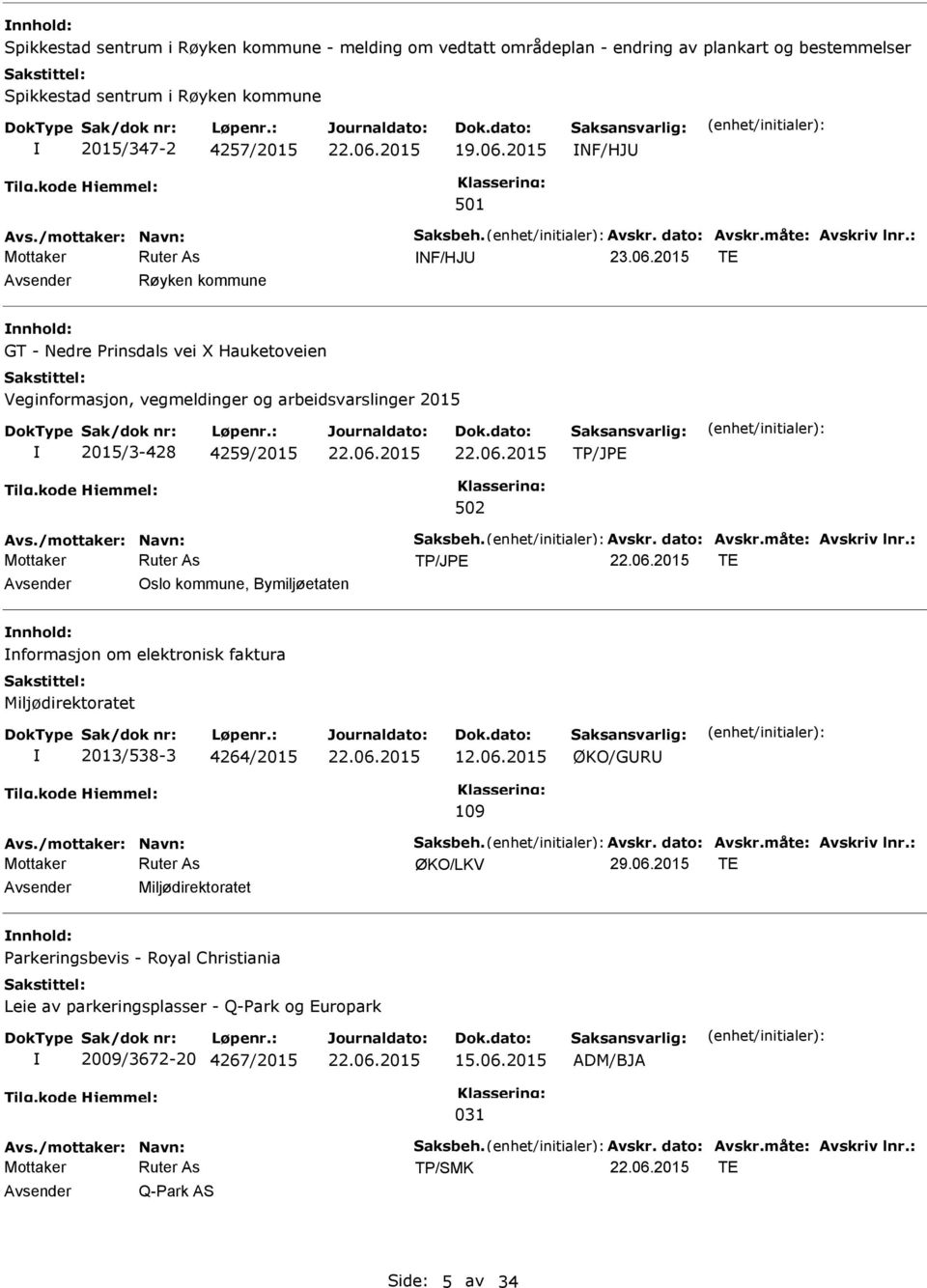 06.2015 ØKO/GR 109 Avs./mottaker: Navn: Saksbeh. Avskr. dato: Avskr.måte: Avskriv lnr.: ØKO/LKV 29.06.2015 TE Miljødirektoratet nnhold: Parkeringsbevis - Royal Christiania Leie av parkeringsplasser - Q-Park og Europark 2009/3672-20 4267/2015 15.