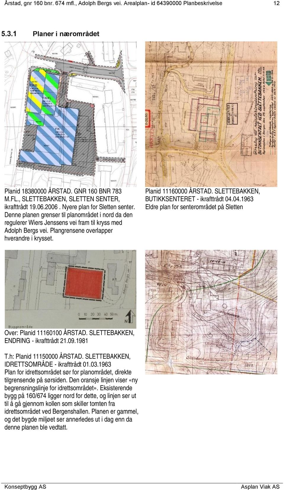 SLETTEBAKKEN, BUTIKKSENTERET - ikrafttrådt 04.04.1963 Eldre plan for senterområdet på Sletten Over: Planid 11160100 ÅRSTAD. SLETTEBAKKEN, ENDRING - ikrafttrådt 21.09.1981 T.h: Planid 11150000 ÅRSTAD.