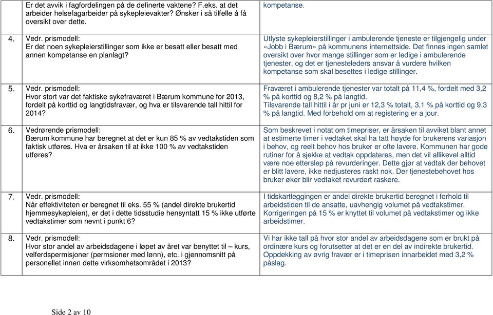 prismodell: Hvor stort var det faktiske sykefraværet i Bærum kommune for 2013, fordelt på korttid og langtidsfravær, og hva er tilsvarende tall hittil for 2014? 6.