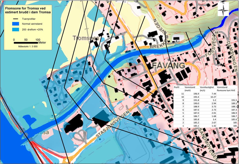 Vannhastighet Vannstand (moh) (m/s) flomsone kart NVE 196.9 7.44 193.4 10.27 191.8 5.2 191.5 190.0 2.