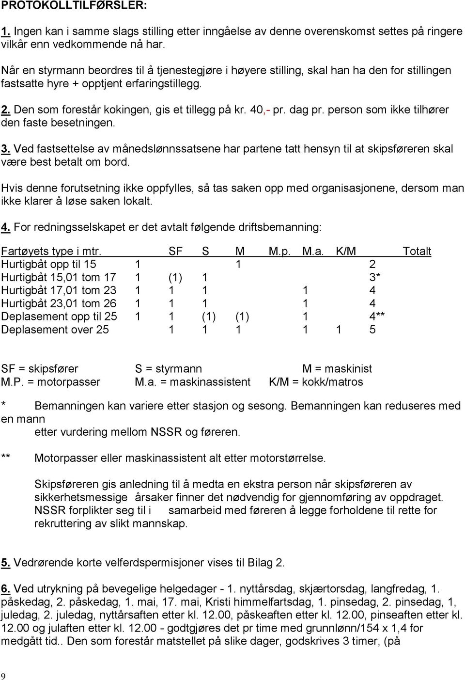 dag pr. person som ikke tilhører den faste besetningen. 3. Ved fastsettelse av månedslønnssatsene har partene tatt hensyn til at skipsføreren skal være best betalt om bord.