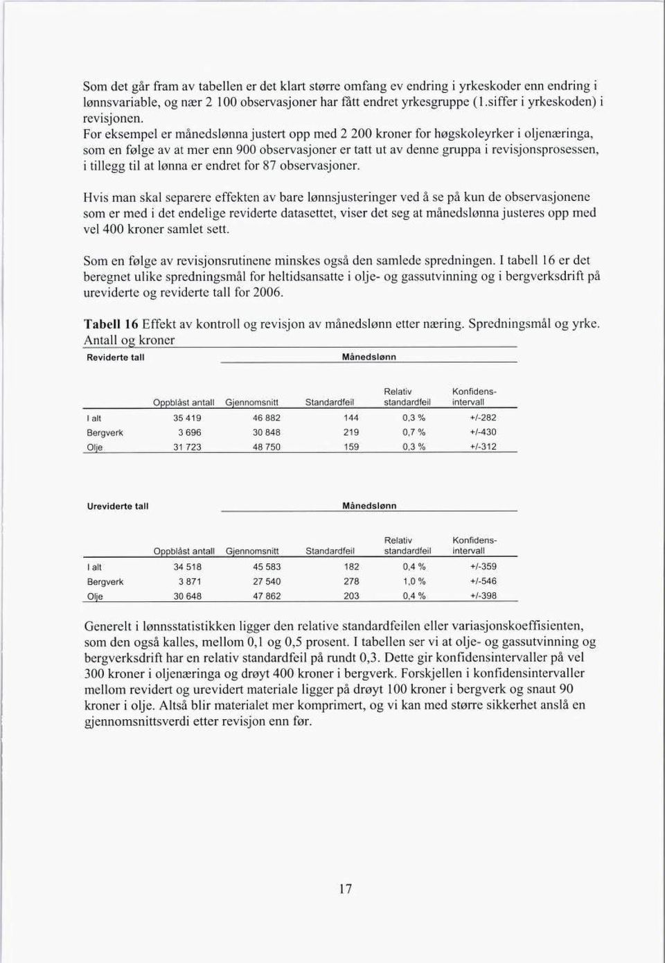 For eksempel er månedslønna justert opp med 2 200 kroner for høgskoleyrker i oljenæringa, som en følge av at mer enn 900 observasjoner er tatt ut av denne gruppa i revisjonsprosessen, i tillegg til