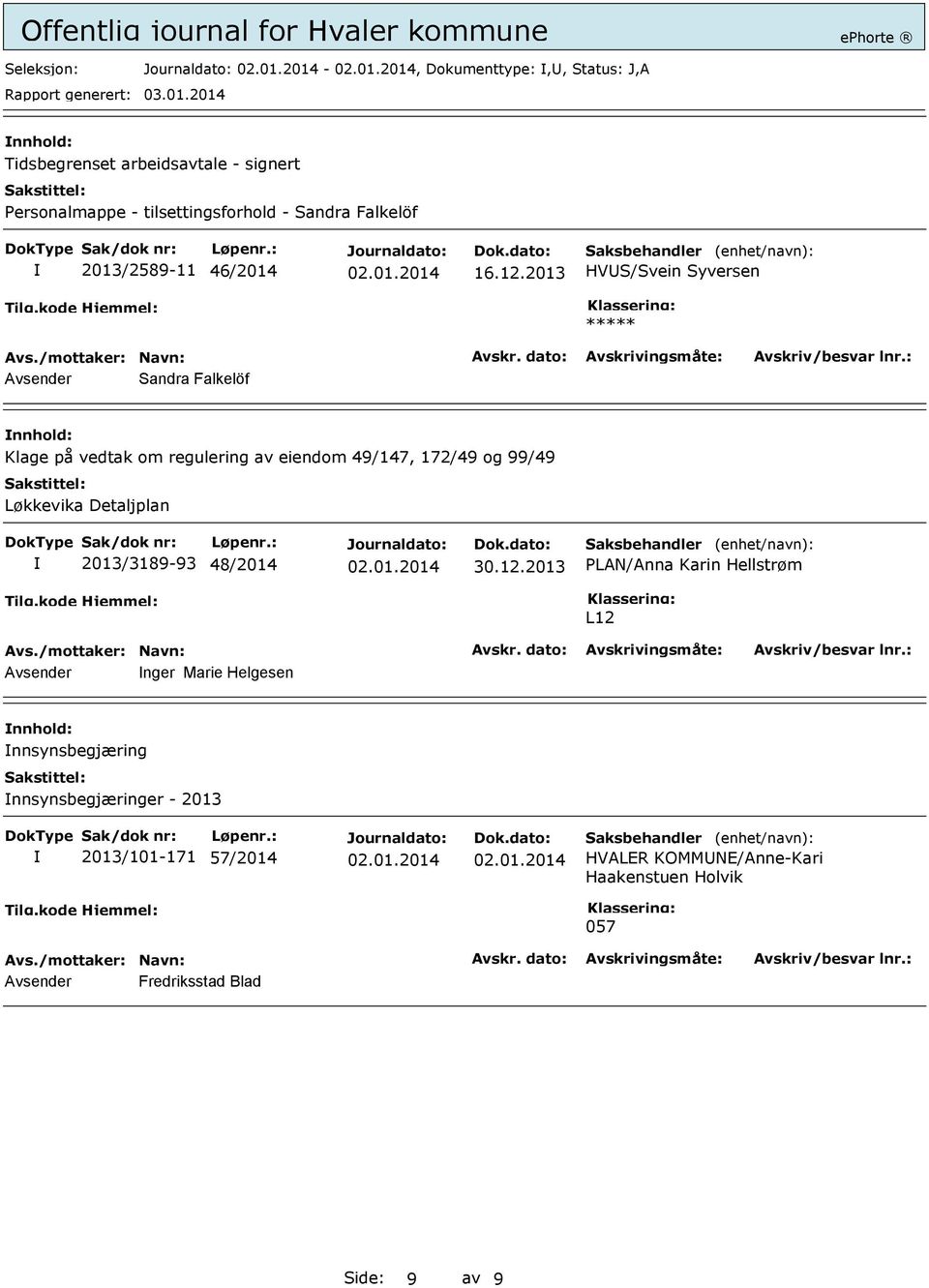 2013 HVUS/Svein Syversen Avsender Sandra Falkelöf Klage på vedtak om regulering av eiendom 49/147, 172/49 og 99/49 Løkkevika