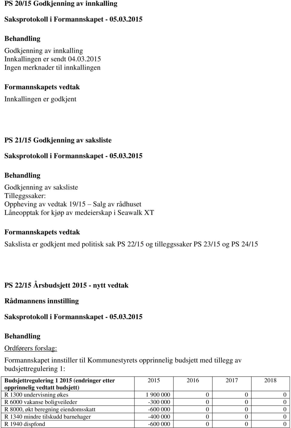 rådhuset Låneopptak for kjøp av medeierskap i Seawalk XT Formannskapets vedtak Sakslista er godkjent med politisk sak PS 22/15 og tilleggssaker PS 23/15 og PS 24/15 PS 22/15 Årsbudsjett 2015 - nytt