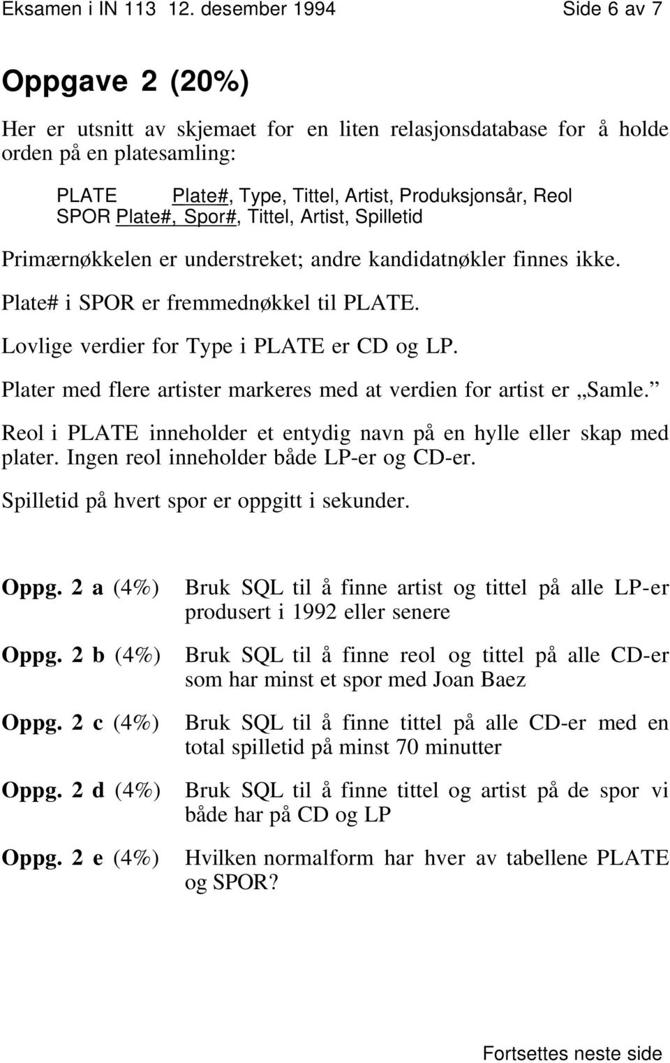 Plate#, Spor#, Tittel, Artist, Spilletid Primærnøkkelen er understreket; andre kandidatnøkler finnes ikke. Plate# i SPOR er fremmednøkkel til PLATE. Lovlige verdier for Type i PLATE er CD og LP.