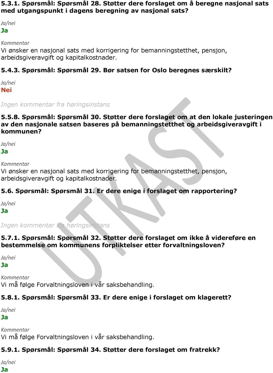 Spørsmål: Spørsmål 30. Støtter dere forslaget om at den lokale justeringen av den nasjonale satsen baseres på bemanningstetthet og arbeidsgiveravgift i kommunen?