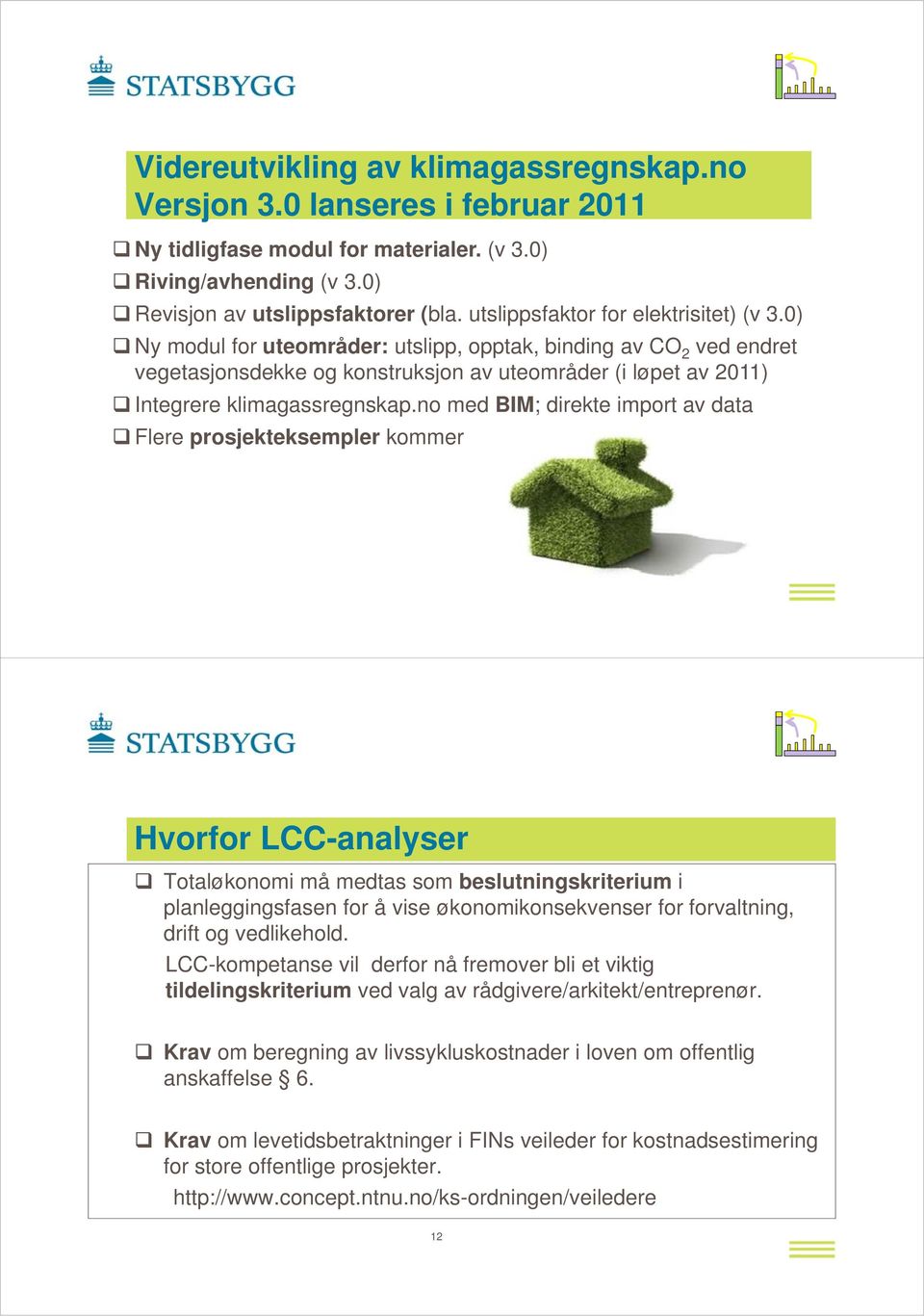 0) Ny modul for uteområder: utslipp, opptak, binding av CO 2 ved endret vegetasjonsdekke og konstruksjon av uteområder (i løpet av 2011) Integrere klimagassregnskap.