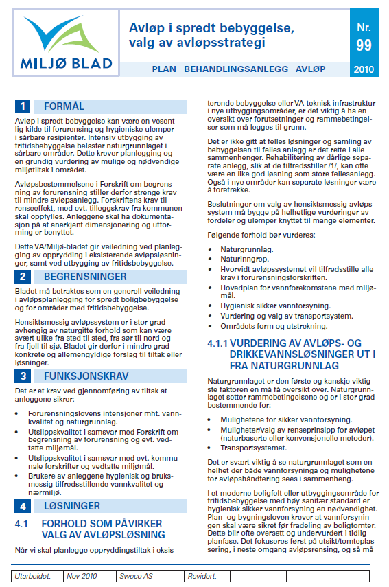 VA/Miljø-Blad 99, Valg av avløpsstrategi Gir veiledning ved planlegging av