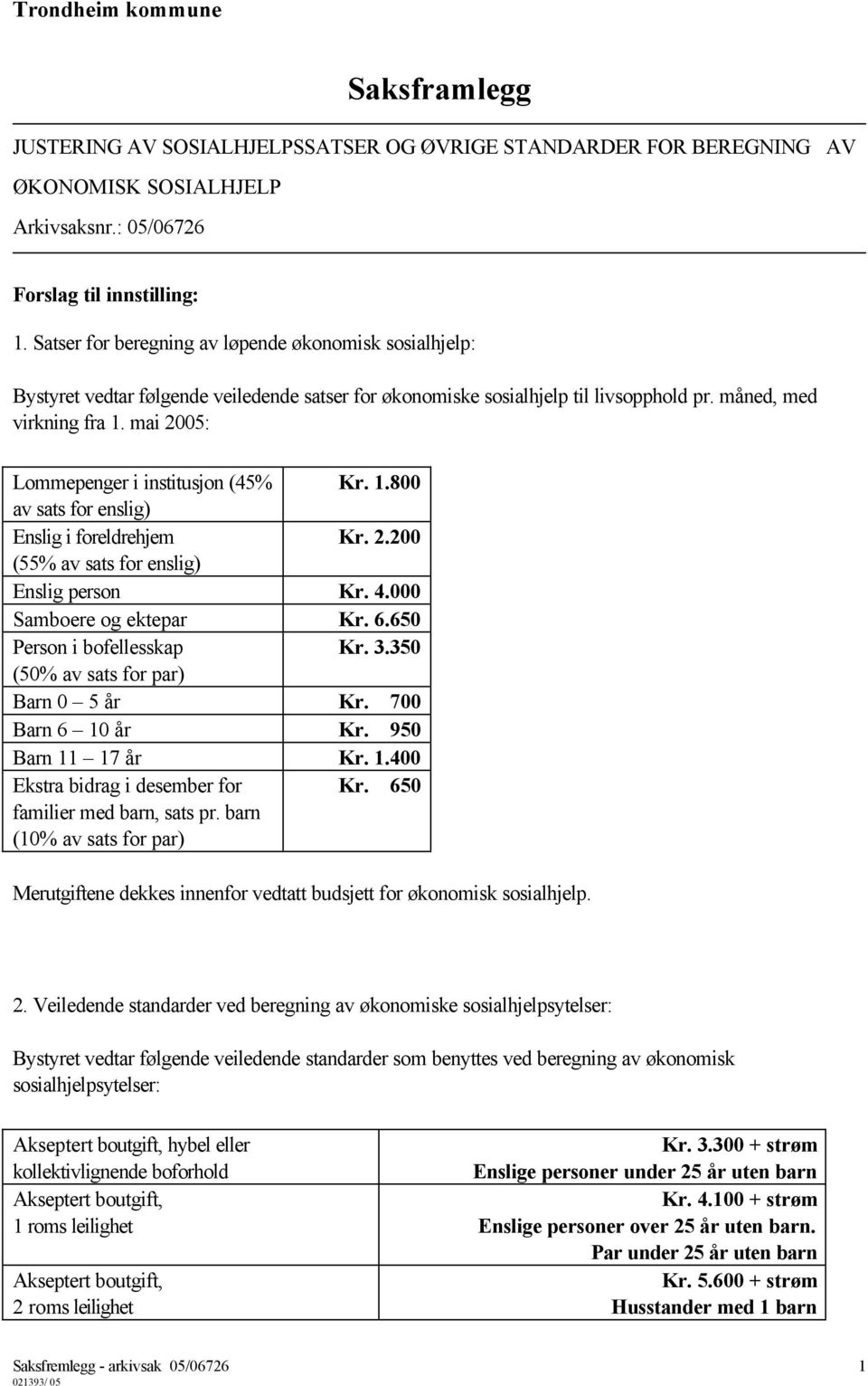 mai 2005: Lommepenger i institusjon (45% Kr. 1.800 av sats for enslig) Enslig i foreldrehjem Kr. 2.200 (55% av sats for enslig) Enslig person Kr. 4.000 Samboere og ektepar Kr. 6.