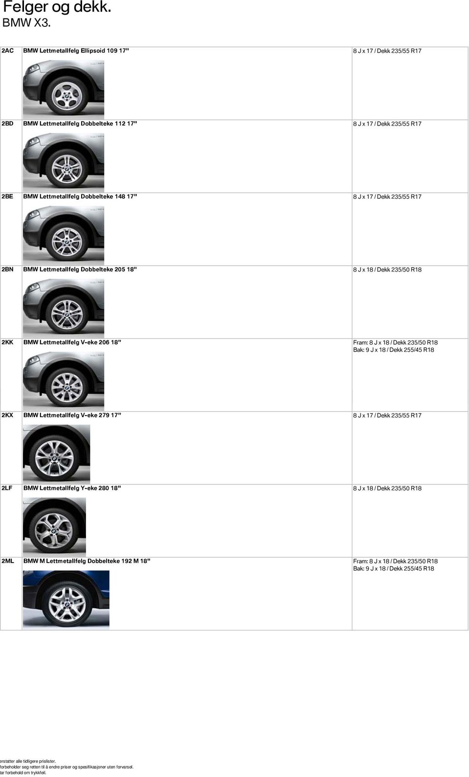 Lettmetallfelg Dobbelteke 148 17" 8 J x 17 / Dekk 235/55 R17 2BN BMW Lettmetallfelg Dobbelteke 205 18" 8 J x 18 / Dekk 235/50 R18 2KK BMW Lettmetallfelg V-eke