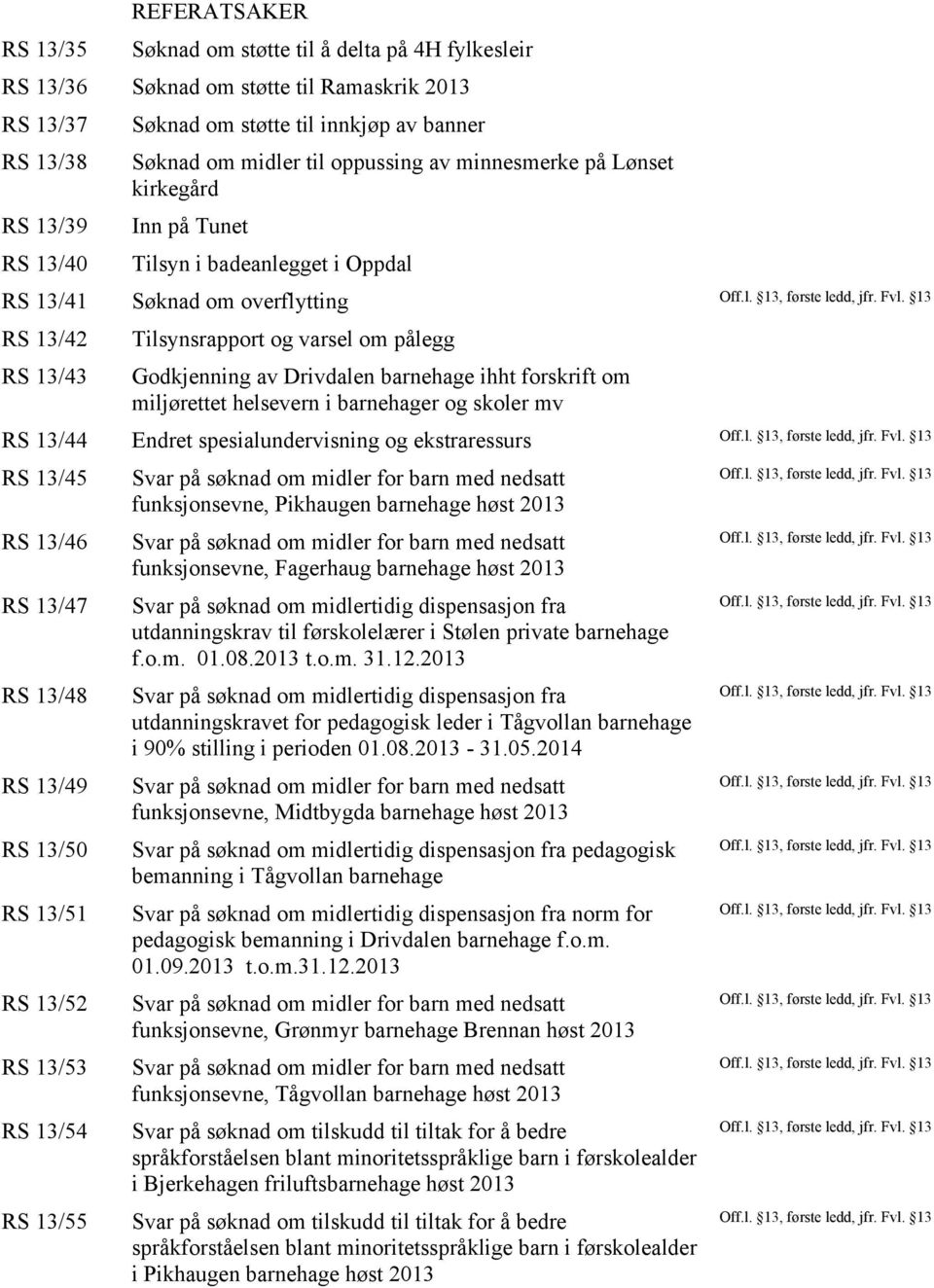 Drivdalen barnehage ihht forskrift om miljørettet helsevern i barnehager og skoler mv RS 13/44 Endret spesialundervisning og ekstraressurs RS 13/45 RS 13/46 RS 13/47 RS 13/48 RS 13/49 RS 13/50 RS