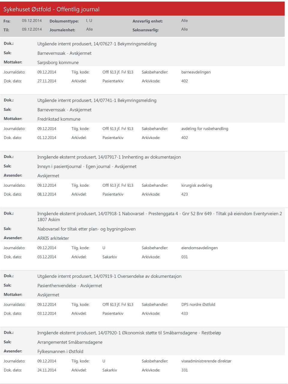 2014 Arkivdel: Pasientarkiv Arkivkode: 402 Inngående eksternt produsert, 14/07917-1 Innhenting av dokumentasjon Innsyn i pasientjournal - Egen journal - kirurgisk avdeling Dok. dato: 08.12.