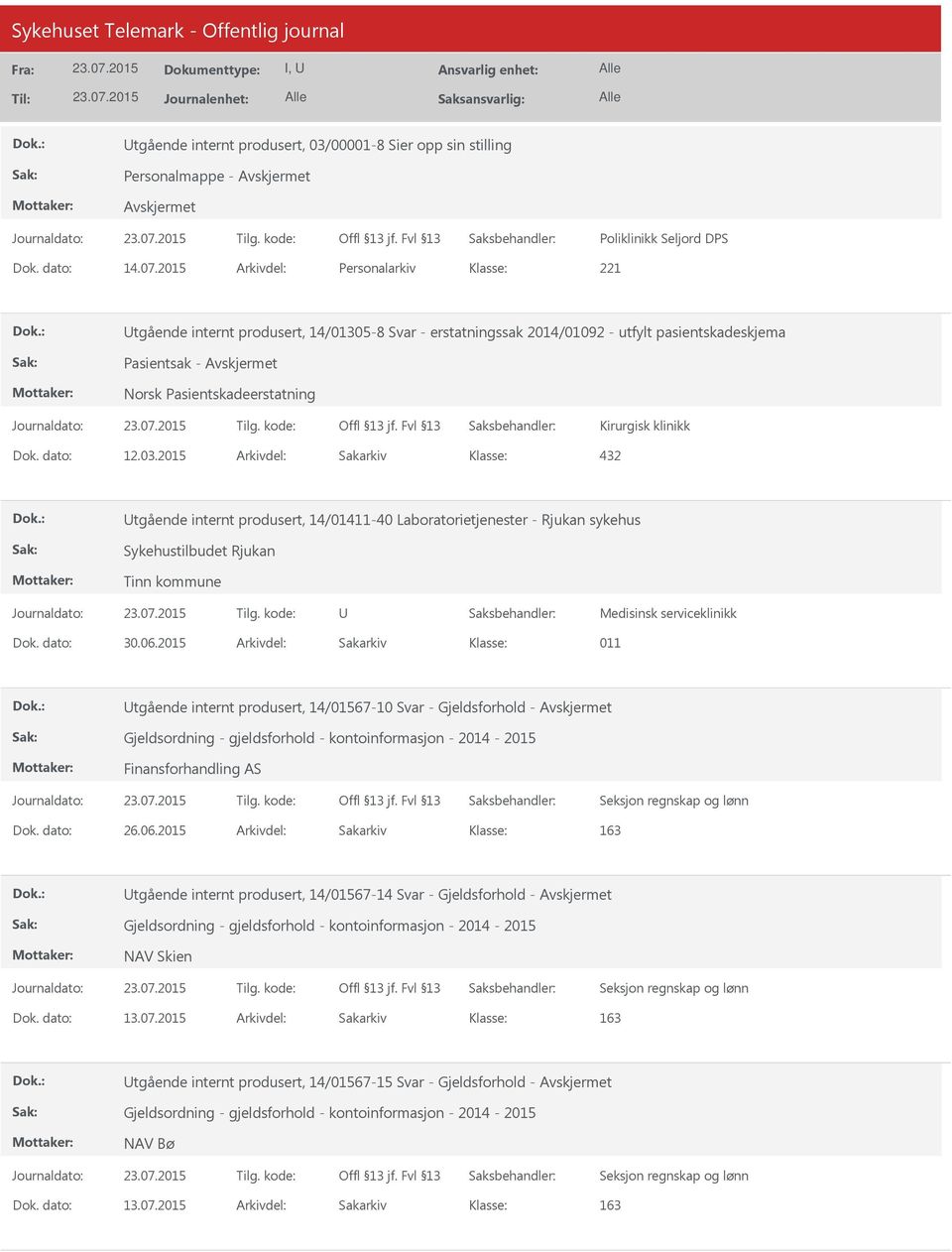 2015 Arkivdel: Sakarkiv tgående internt produsert, 14/01411-40 Laboratorietjenester - Rjukan sykehus Sykehustilbudet Rjukan Tinn kommune Medisinsk serviceklinikk Dok. dato: 30.06.