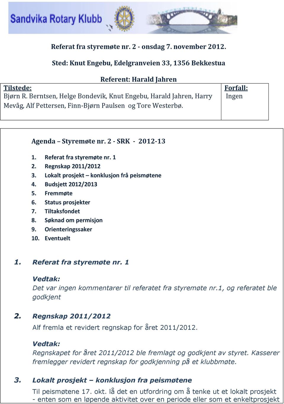 Referat fra styremøte nr. 1 2. Regnskap 2011/2012 3. Lokalt prosjekt konklusjon frå peismøtene 4. Budsjett 2012/2013 5. Fremmøte 6. Status prosjekter 7. Tiltaksfondet 8. Søknad om permisjon 9.